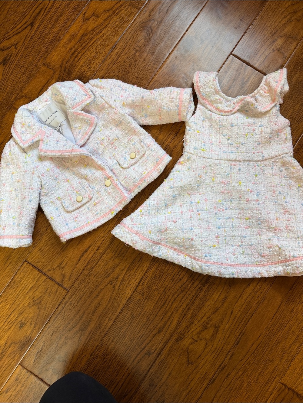 Janie and Jack Pink Trim White Tweed Dress & Jacket Set